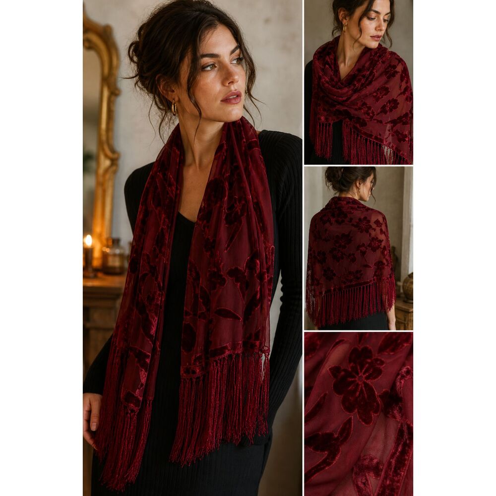 Burnout Velvet Silk Scarf Burgundy Red Fringe Shawl Boho Evening Wrap